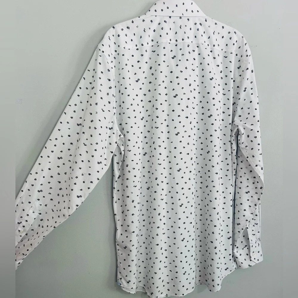 Banana Republic Men Slim Fit White Black Floral Non-Iron Cotton Dress Shirt Sz L